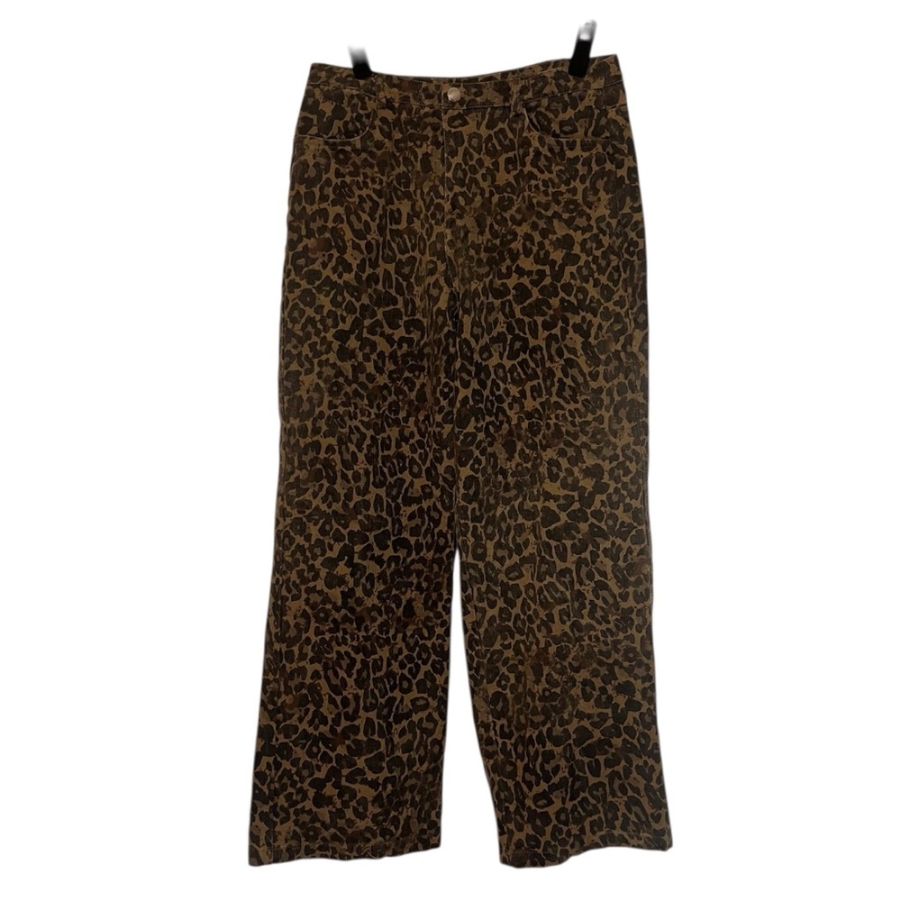 Leopard Print Wide Leg Ankle Denim Pants Sz M 100% Viscose High Rise Boho Y2K